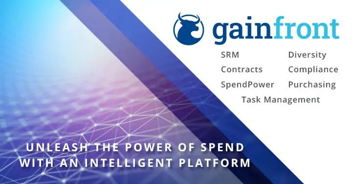 Gainfront brand graphic listing its SRM, Diversity, and Compliance modules, representing the supplier record accuracy pay range disclosure laws require