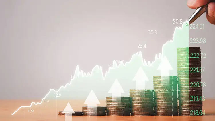 Rising growth chart overlaid on stacks of coins, representing purchasing performance gains